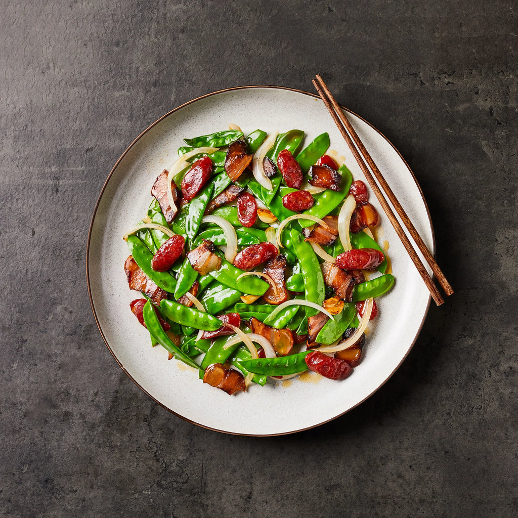 Snow Peas with Chinese Sausage and Chinese Bacon